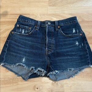 Size 4 Levi 501 Dark Distressed Denim Shorts